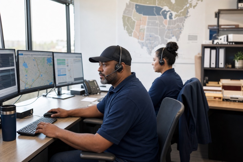 Freight dispatchers coordinating loads from their operations desk