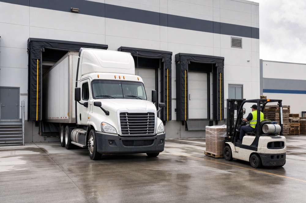 Semi truck and forklift working at a warehouse loading dock