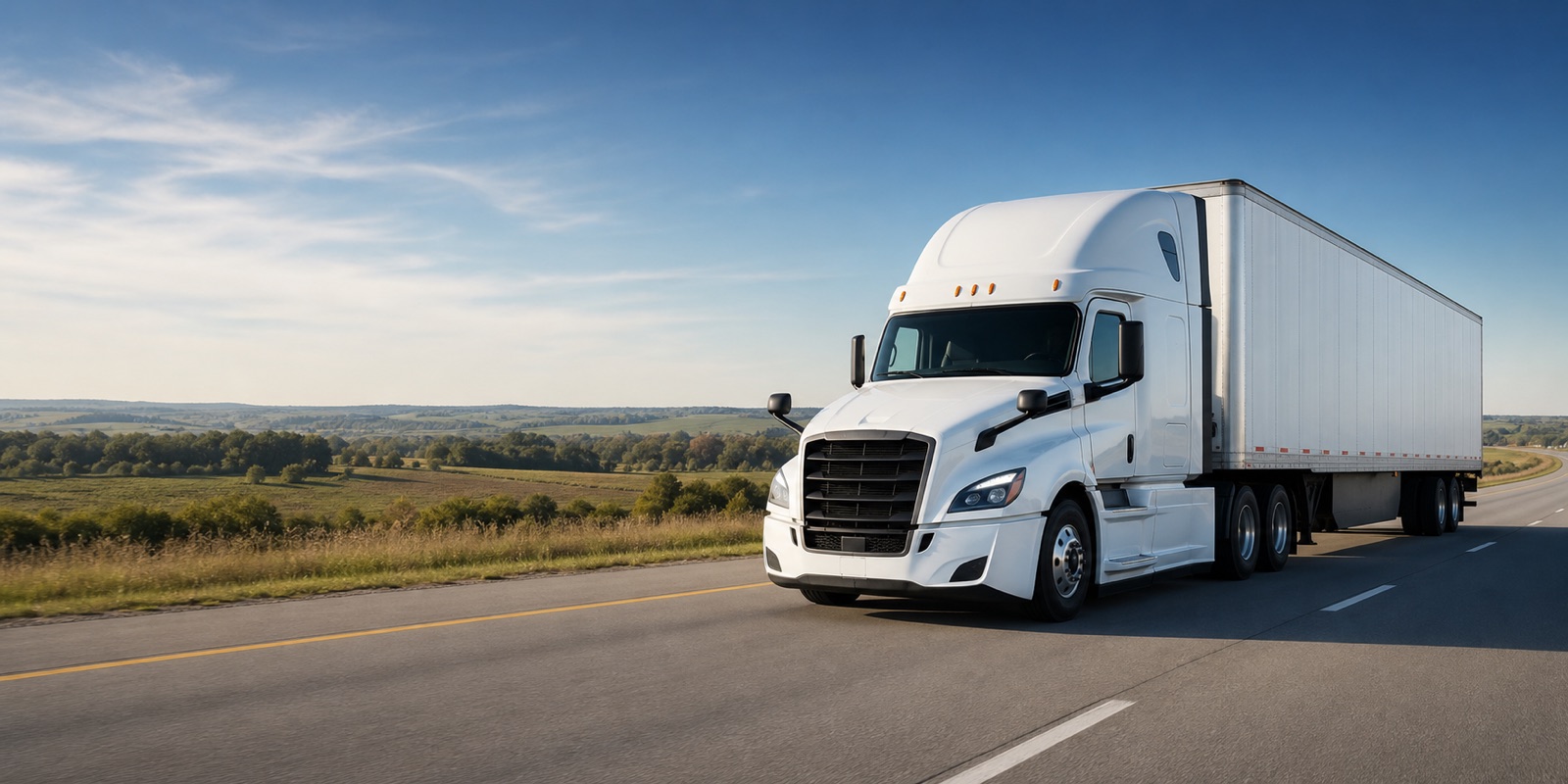 White semi truck traveling on an open interstate